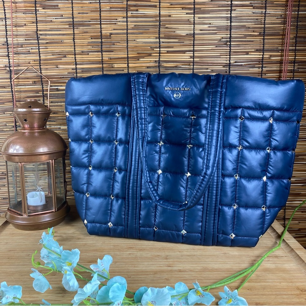 Michael Kors Studded Stirling Quilted Puffy Navy Large Tote Suitcase Strap NWT